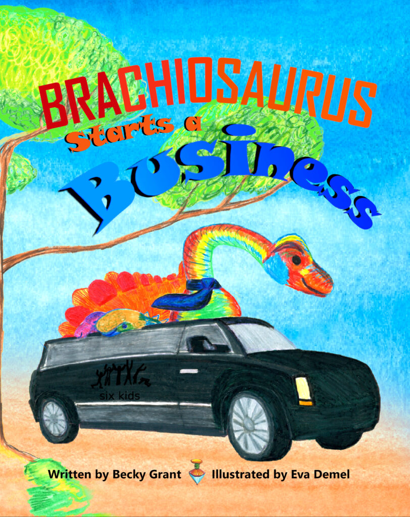 Brachiosaurus sitting in a limousine with his friends